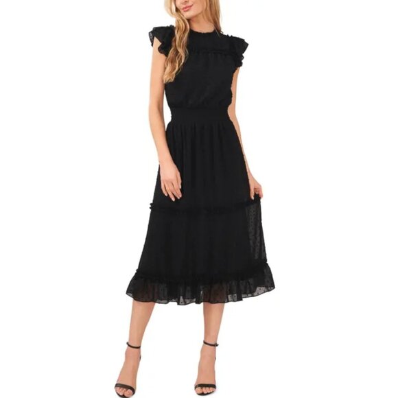 CeCe Dress Womens Medium Black Fresh Appeal Swiss Dot Ruffle Tiered Midi Lined - Picture 1 of 16